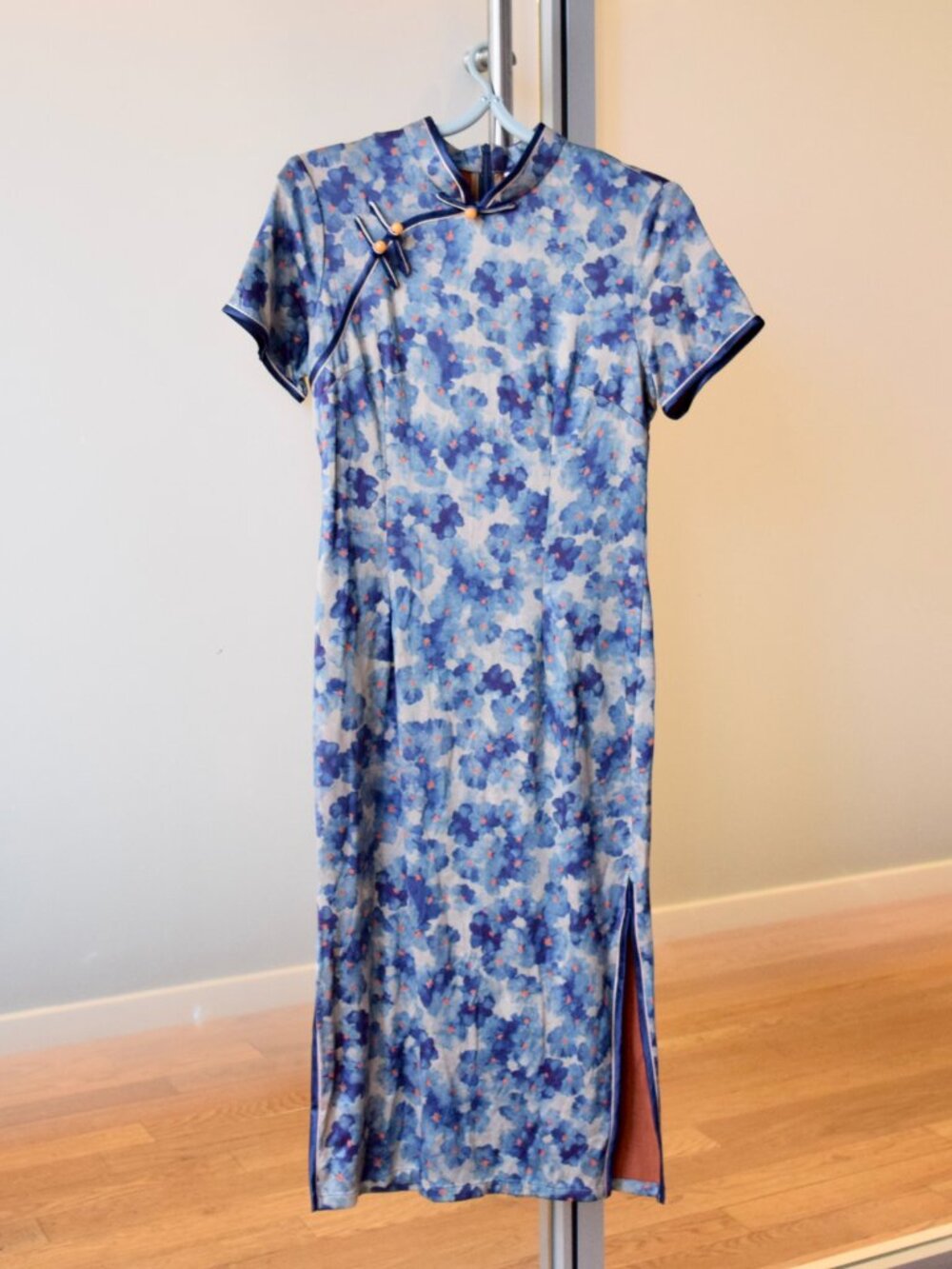 Beige Blue Flora Printed Midi Dress - Chinese Traditional Cheongsam